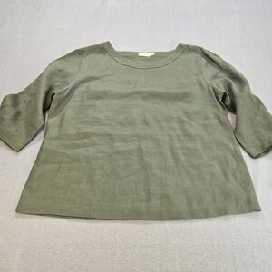 Hannah Canvas Olive Green Linen Top 3/4 Sleeve Boxy Fit Women’s